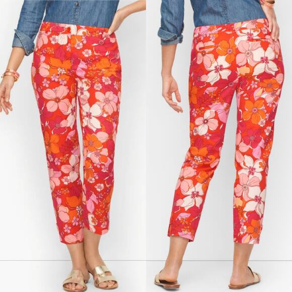 Talbots Sz 18‎ Red Orange Floral Tossed Flowers Perfect Crop Pants Stretchy - Picture 3 of 10